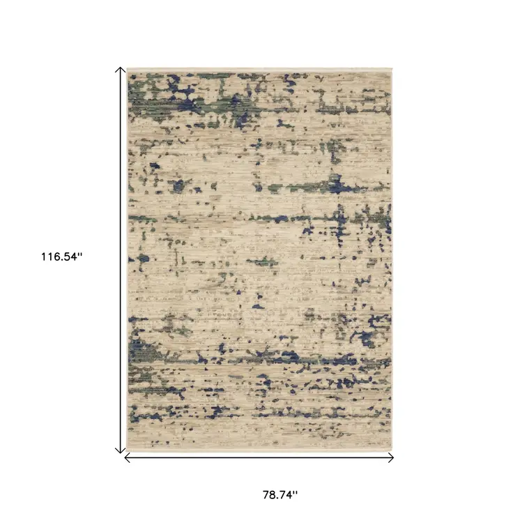 7' X 10' Beige And Green Abstract Area Rug With Fringe