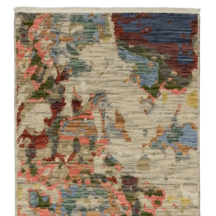 12' Beige Pink And Yellow Abstract Runner Rug With Fringe