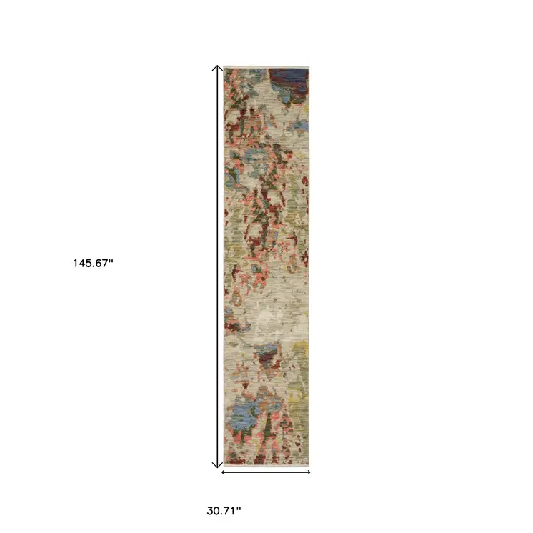 12' Beige Pink And Yellow Abstract Runner Rug With Fringe