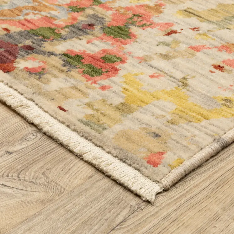 12' Beige Pink And Yellow Abstract Runner Rug With Fringe