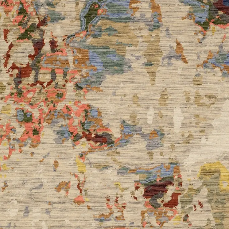 7' X 10' Beige Pink And Yellow Abstract Area Rug With Fringe