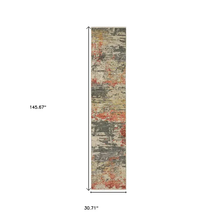 12' Beige And Pink Abstract Runner Rug With Fringe