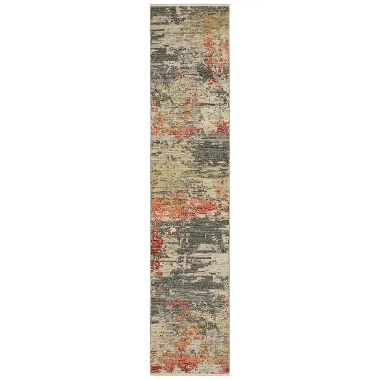 12' Beige And Pink Abstract Runner Rug With Fringe