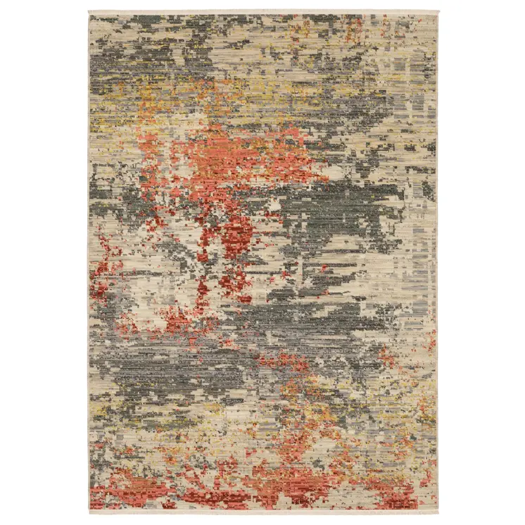 7' X 10' Beige And Pink Abstract Area Rug With Fringe