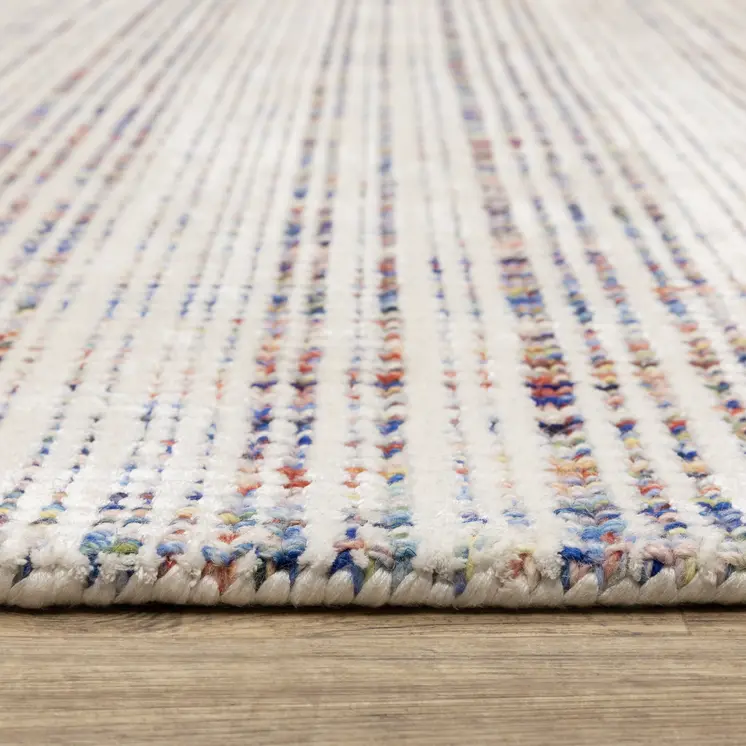 8' Ivory Blue And Yellow Striped Hand Tufted Runner Rug
