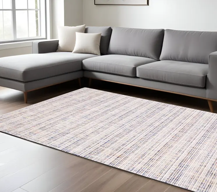 8' X 10' Ivory Blue And Yellow Striped Hand Tufted Area Rug