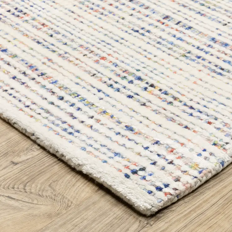 8' X 10' Ivory Blue And Yellow Striped Hand Tufted Area Rug