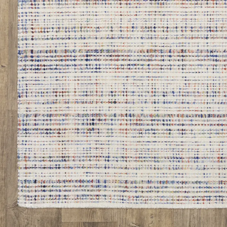8' X 10' Ivory Blue And Yellow Striped Hand Tufted Area Rug