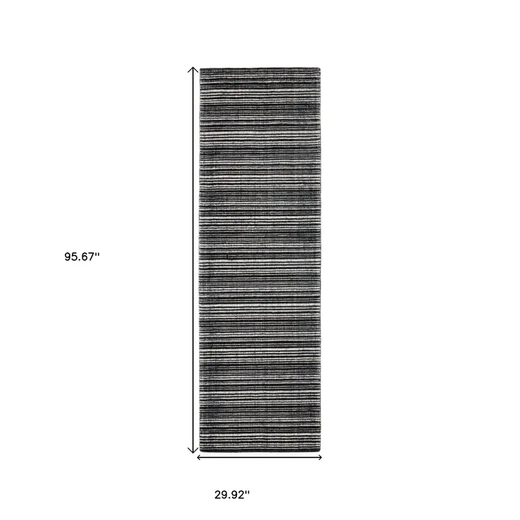 8' Black And Ivory Striped Hand Tufted Runner Rug