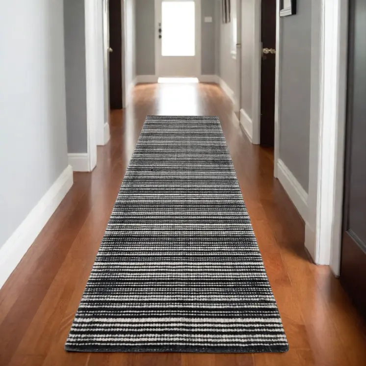 8' Black And Ivory Striped Hand Tufted Runner Rug