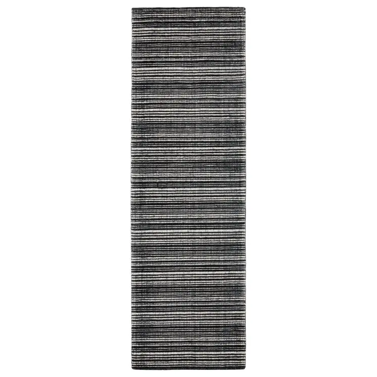 8' Black And Ivory Striped Hand Tufted Runner Rug