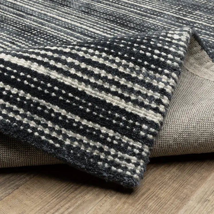 8' Black And Ivory Striped Hand Tufted Runner Rug