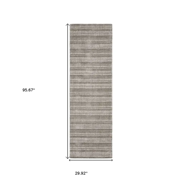 8' Gray And Ivory Striped Hand Tufted Runner Rug