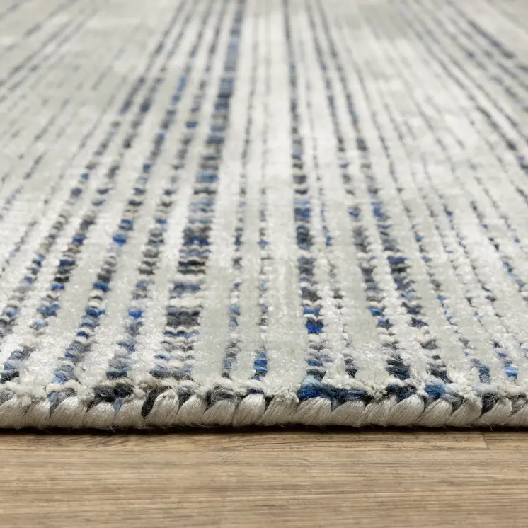 8' Gray And Blue Striped Hand Tufted Runner Rug