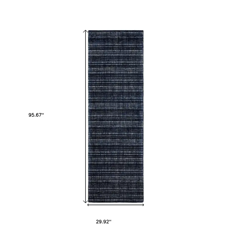 8' Navy Blue And Blue Striped Hand Tufted Runner Rug