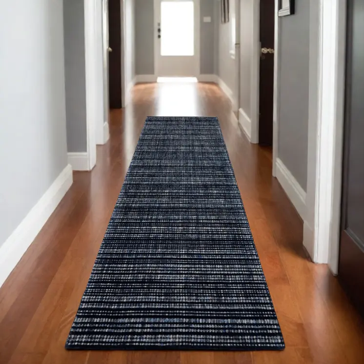 8' Navy Blue And Blue Striped Hand Tufted Runner Rug