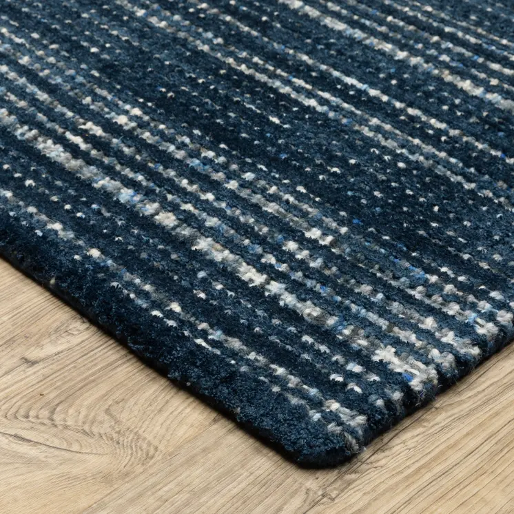 8' Navy Blue And Blue Striped Hand Tufted Runner Rug