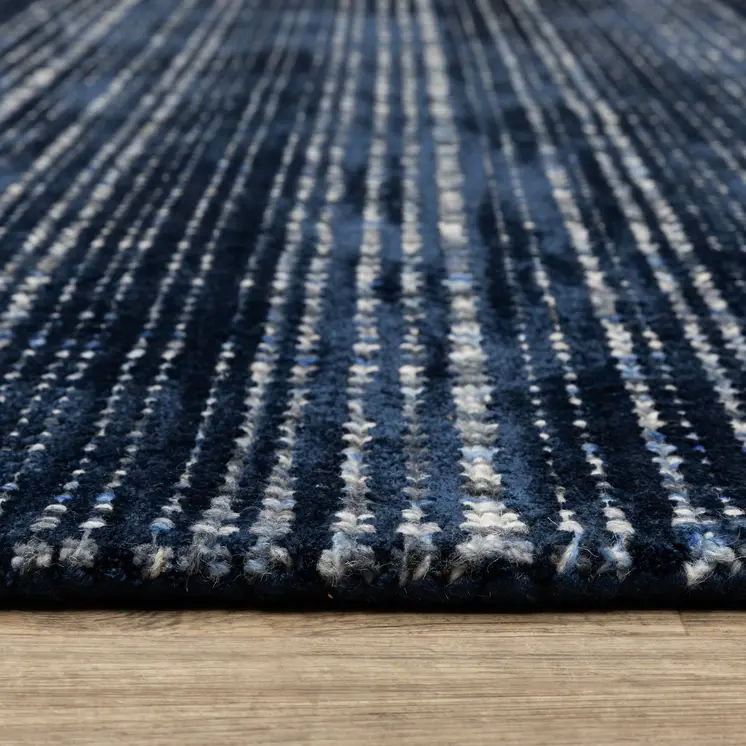 8' Navy Blue And Blue Striped Hand Tufted Runner Rug