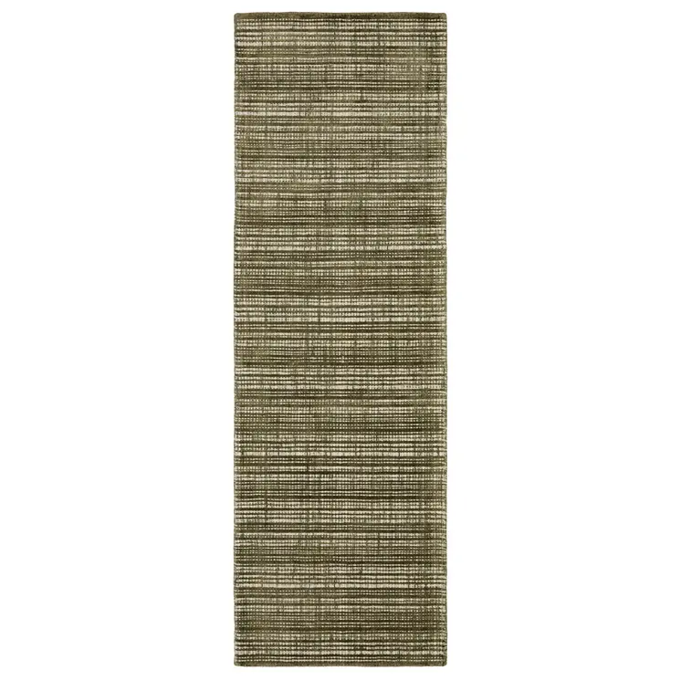 8' Green And Ivory Striped Hand Tufted Runner Rug
