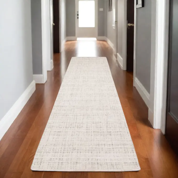 8' Ivory And Gray Striped Hand Tufted Runner Rug