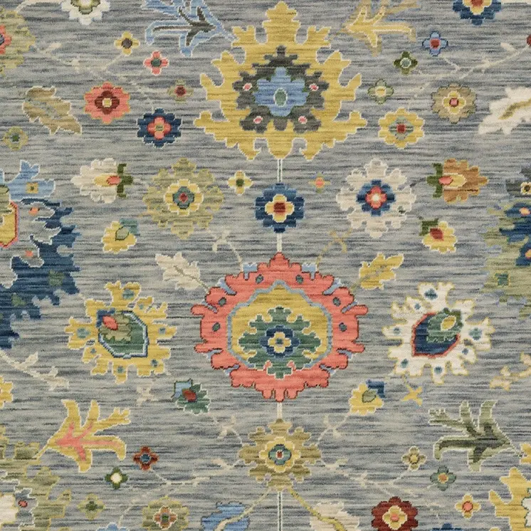 7' X 10' Gray Yellow And Blue Oriental Area Rug With Fringe