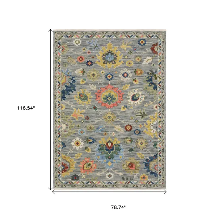 7' X 10' Gray Yellow And Blue Oriental Area Rug With Fringe