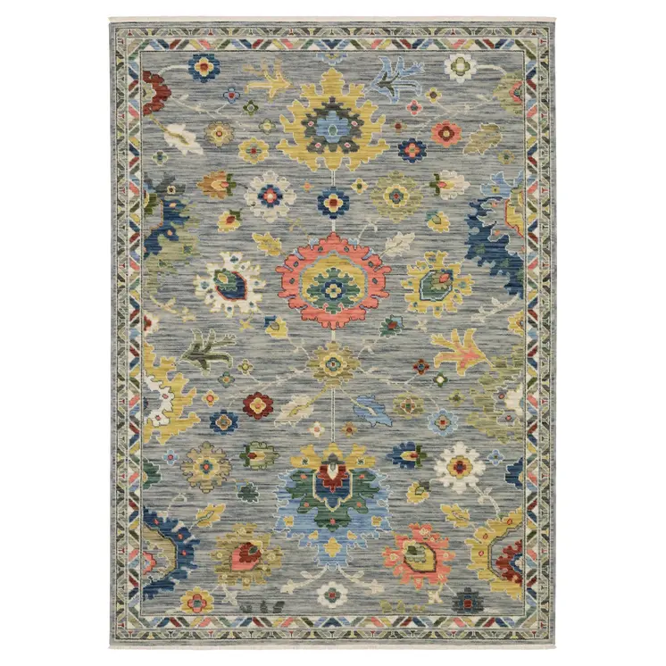 7' X 10' Gray Yellow And Blue Oriental Area Rug With Fringe