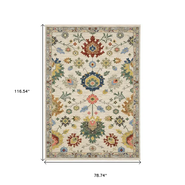 7' X 10' Ivory Gray And Blue Oriental Area Rug With Fringe