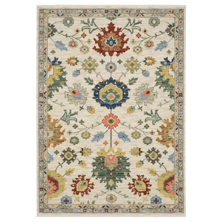 7' X 10' Ivory Gray And Blue Oriental Area Rug With Fringe