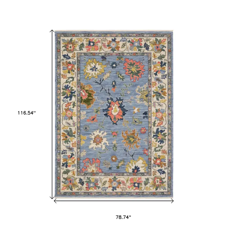 7' X 10' Blue Ivory And Yellow Oriental Area Rug With Fringe