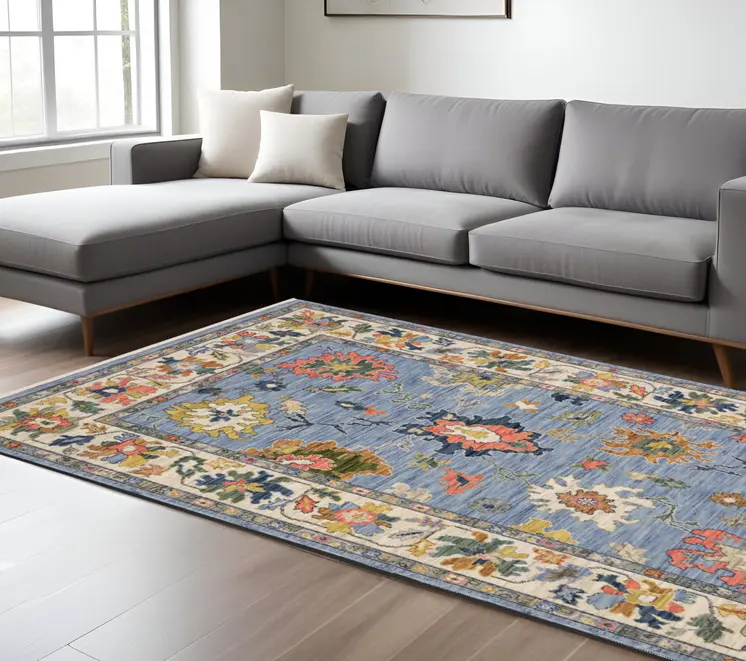 7' X 10' Blue Ivory And Yellow Oriental Area Rug With Fringe