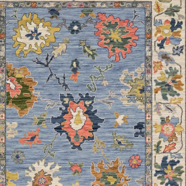 7' X 10' Blue Ivory And Yellow Oriental Area Rug With Fringe