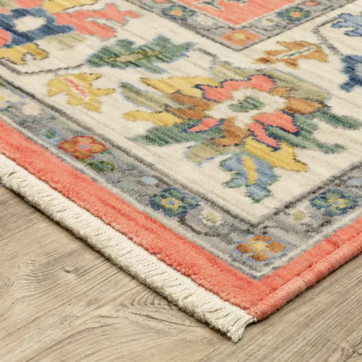 7' X 10' Salmon Blue And Yellow Oriental Area Rug With Fringe
