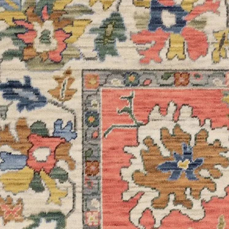 7' X 10' Salmon Blue And Yellow Oriental Area Rug With Fringe
