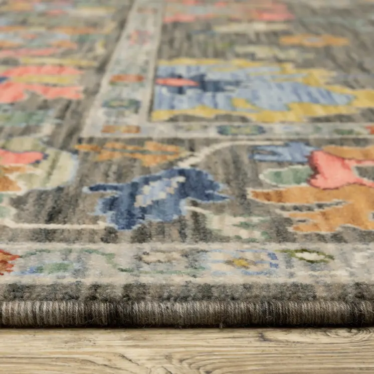 7' X 10' Gray Yellow And Blue Oriental Area Rug With Fringe