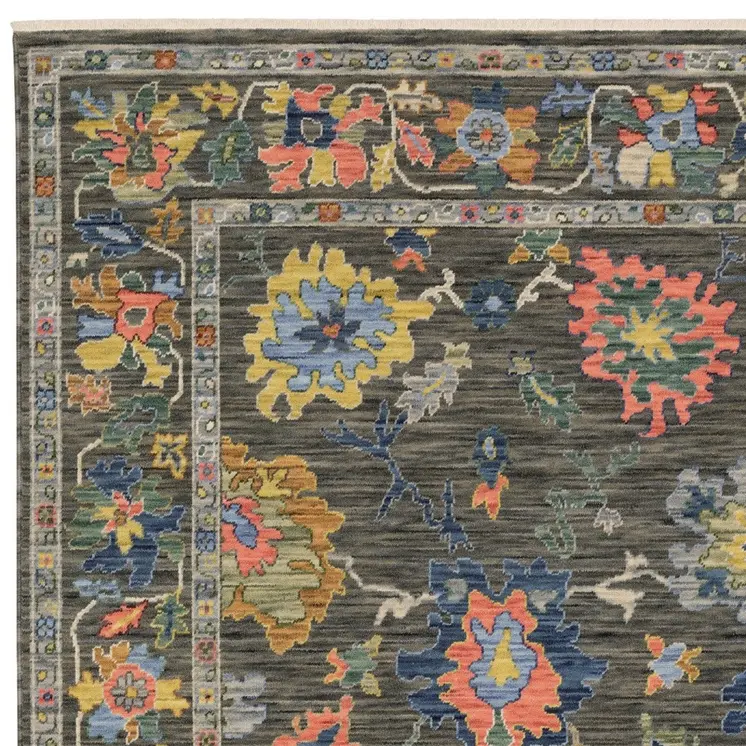 7' X 10' Gray Yellow And Blue Oriental Area Rug With Fringe