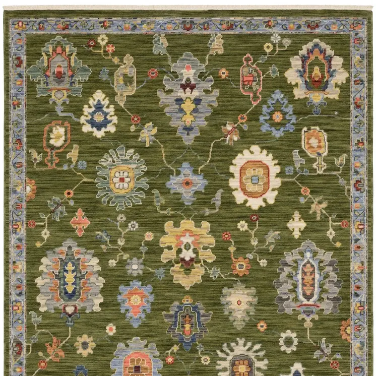 7' X 10' Green Blue And Yellow Oriental Area Rug With Fringe