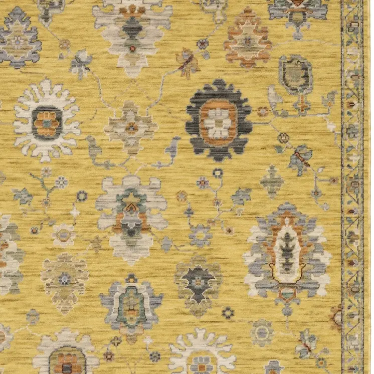 7' X 10' Yellow Ivory And Black Oriental Area Rug With Fringe