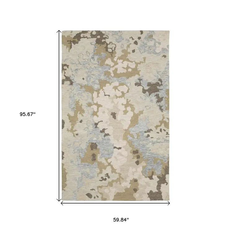 5' X 8' Beige And Blue Wool Abstract Hand Tufted Area Rug