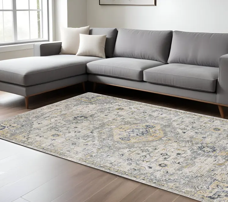 6' X 9' Gray And Gold Medallion Hand Tufted Area Rug