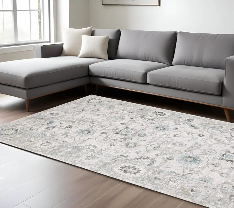 6' X 9' Ivory And Teal Blue Oriental Hand Tufted Area Rug