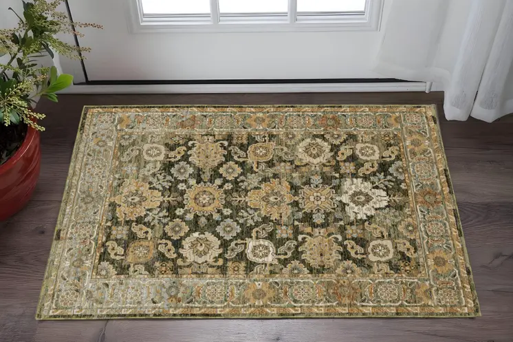 3' X 5' Green And Gold Oriental Area Rug