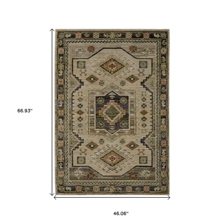 3' X 5' Gray And Green Tribal Area Rug