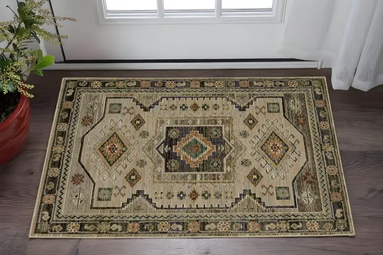 3' X 5' Gray And Green Tribal Area Rug