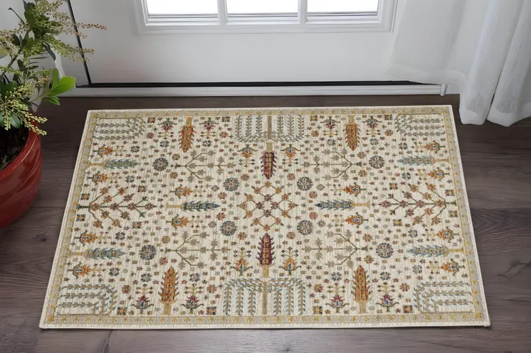 3' X 5' Ivory And Gold Oriental Area Rug