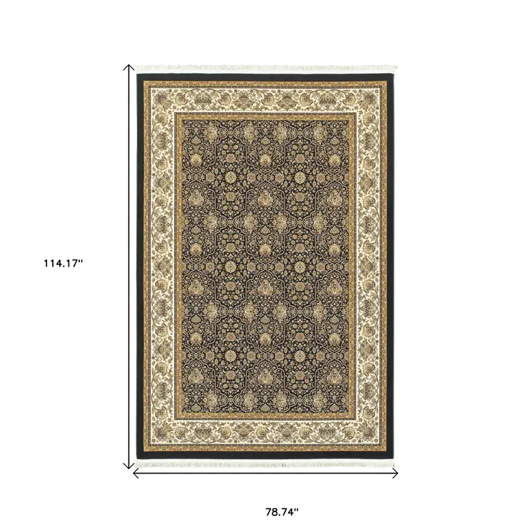7' X 10' Navy Blue And Ivory Oriental Area Rug With Fringe