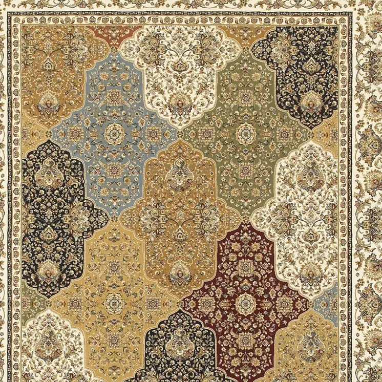 7' X 10' Navy Blue Tan And Ivory Oriental Area Rug With Fringe