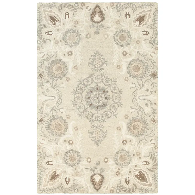 5' X 8' Sand Wool Floral Hand Tufted Area Rug
