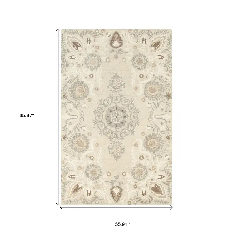 5' X 8' Sand Wool Floral Hand Tufted Area Rug