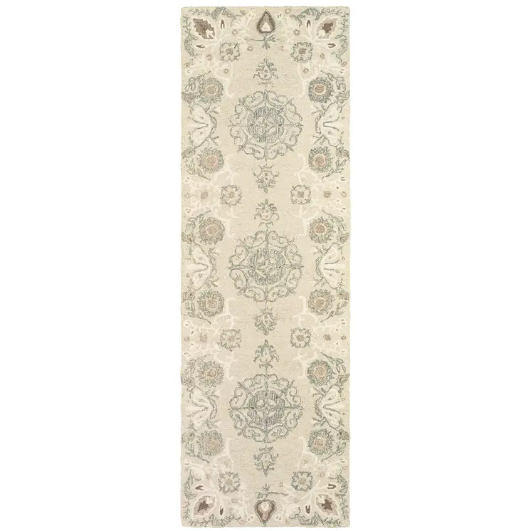 8' Sand Wool Floral Hand Tufted Runner Rug